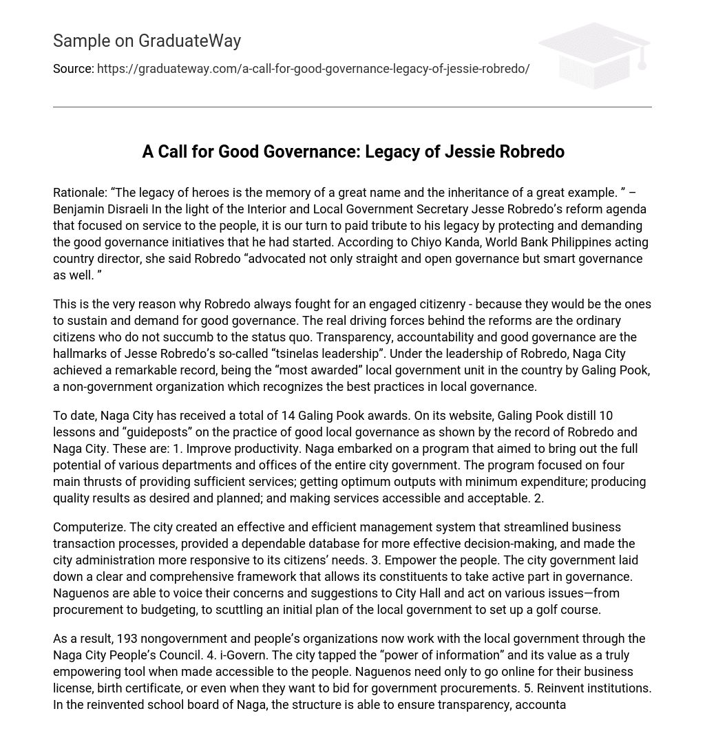 A Call for Good Governance: Legacy of Jessie Robredo