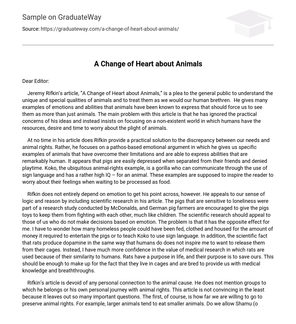 A Change of Heart about Animals Short Summary