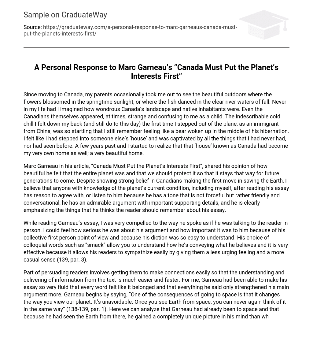 A Personal Response to Marc Garneau’s “Canada Must Put the Planet’s Interests First”
