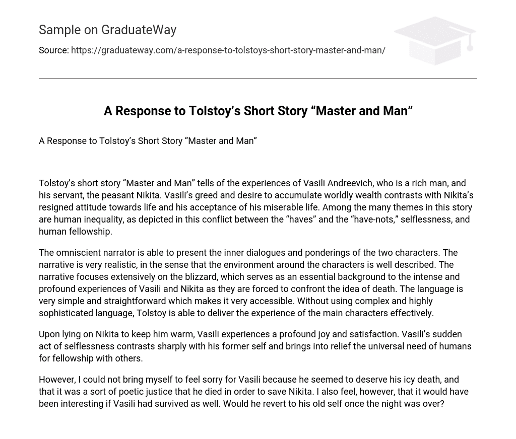 A Response to Tolstoy’s Short Story “Master and Man” Analysis