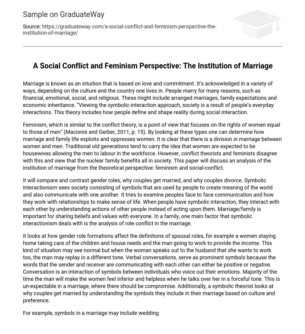 A Social Conflict and Feminism Perspective: The Institution of Marriage