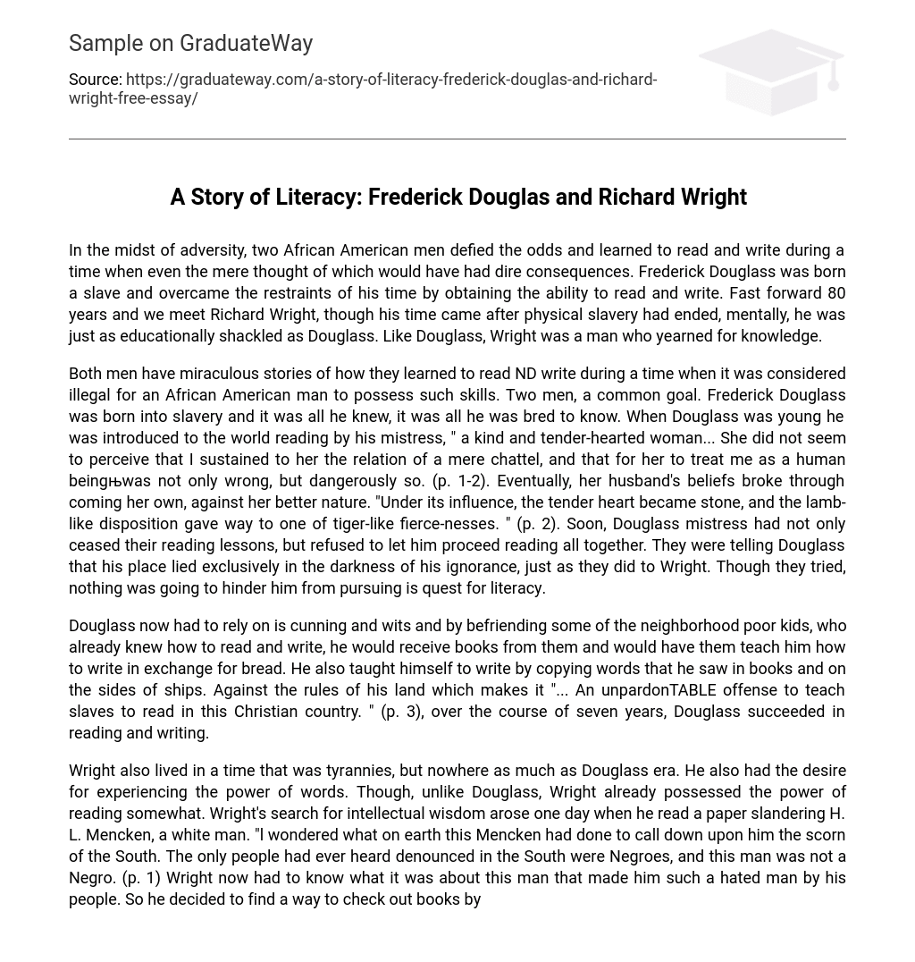 A Story of Literacy: Frederick Douglas and Richard Wright Short Summary
