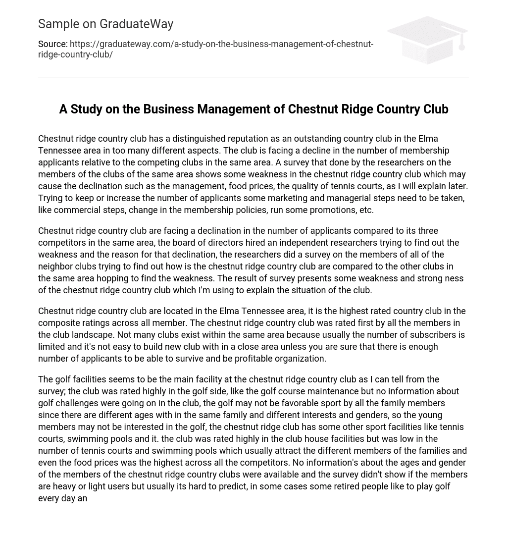 A Study on the Business Management of Chestnut Ridge Country Club