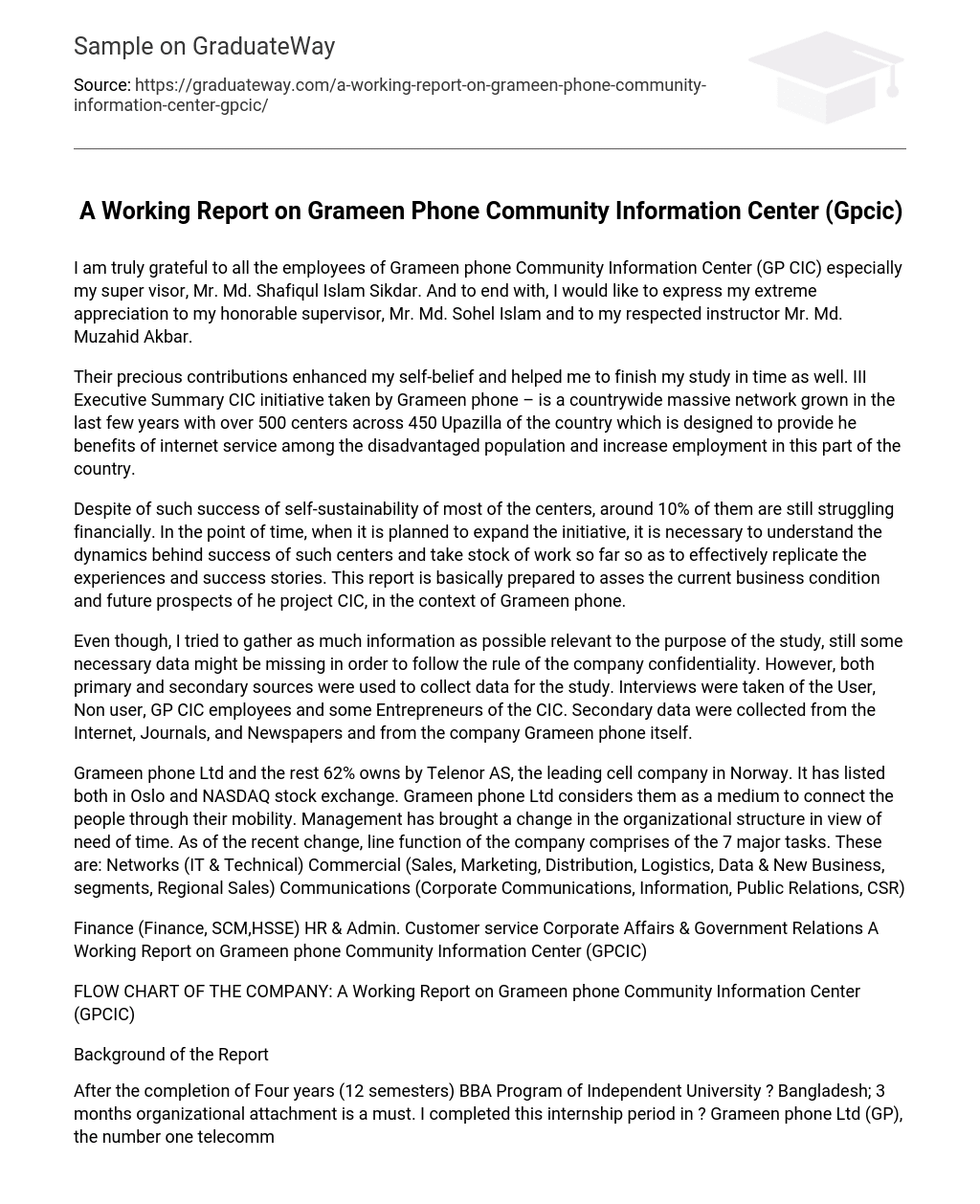 A Working Report on Grameen Phone Community Information Center (Gpcic)