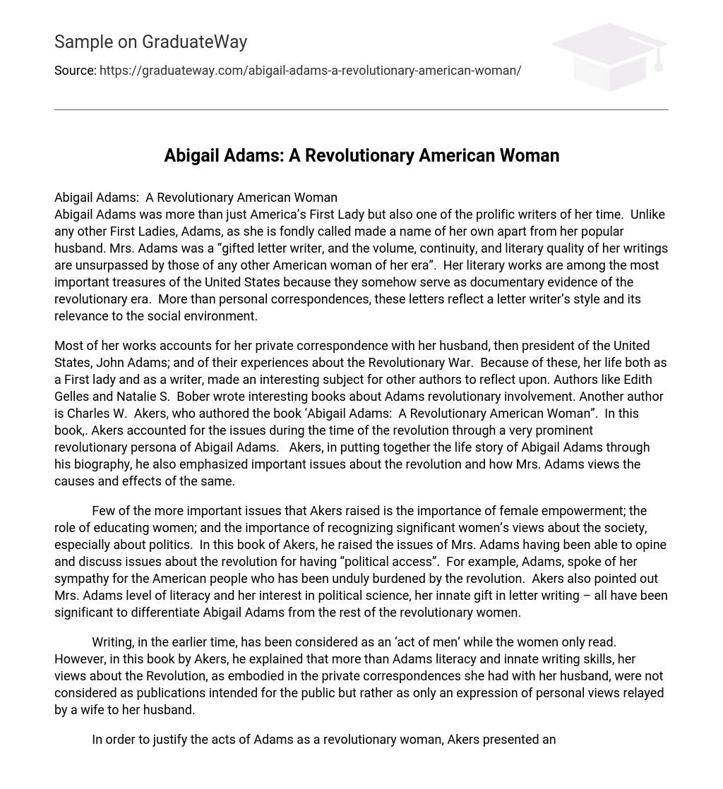 Abigail Adams: A Revolutionary American Woman Short Summary