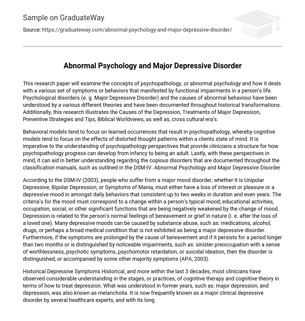 Abnormal Psychology and Major Depressive Disorder