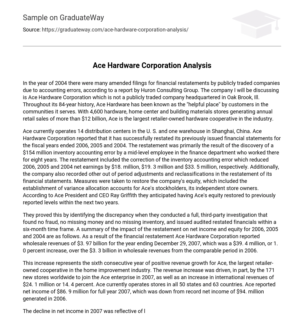 ⇉Ace Hardware Corporation Analysis Essay Example GraduateWay