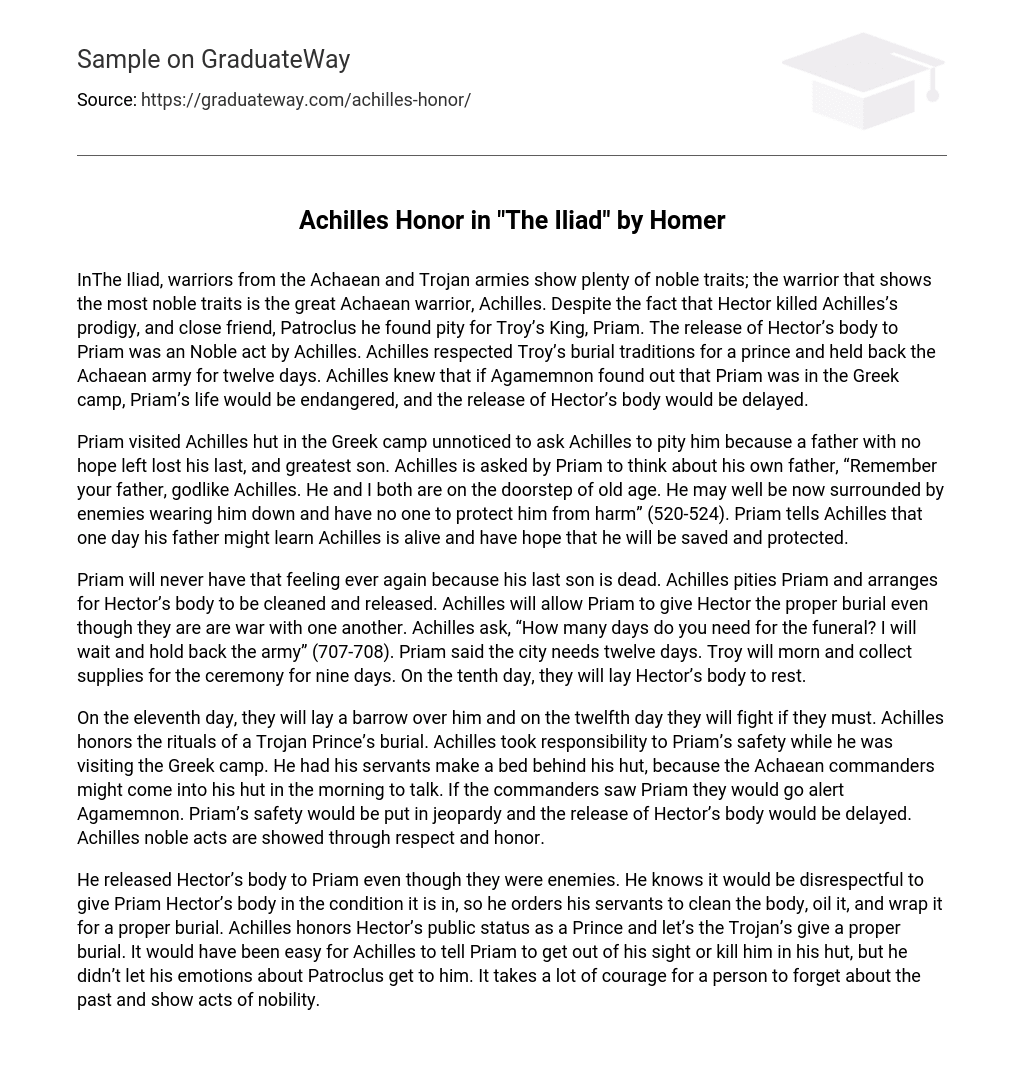  Achilles Honor In The Iliad By Homer Essay Example GraduateWay
