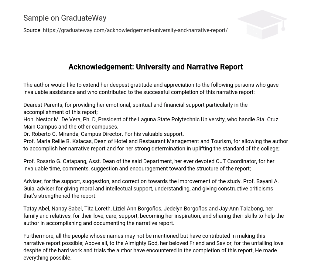 Acknowledgement: University and Narrative Report