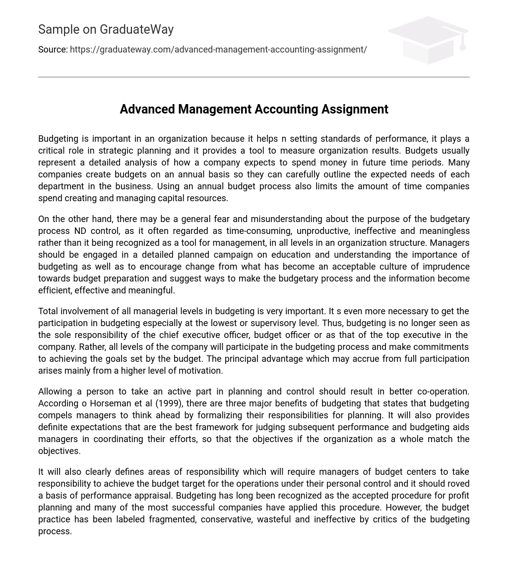Advanced Management Accounting Assignment