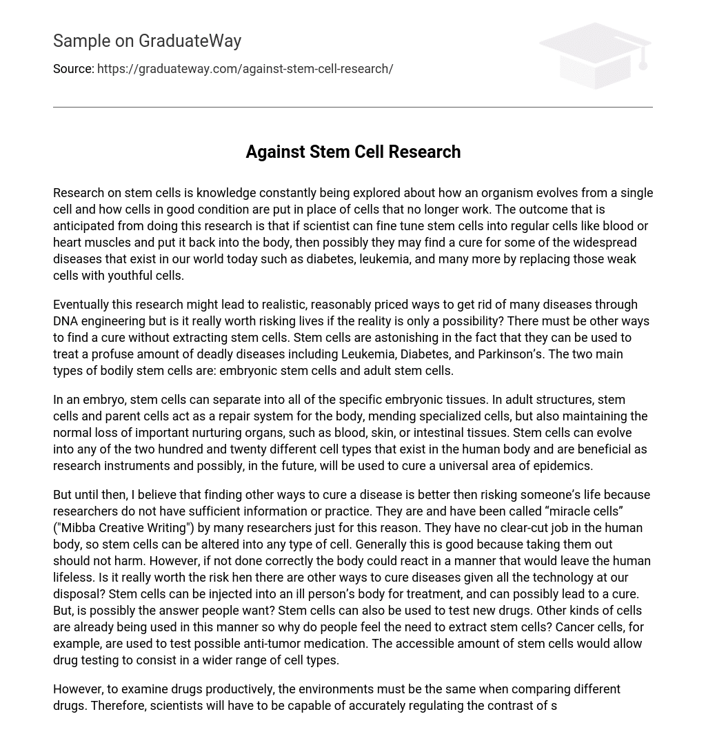 ⇉Against Stem Cell Research Essay Example GraduateWay
