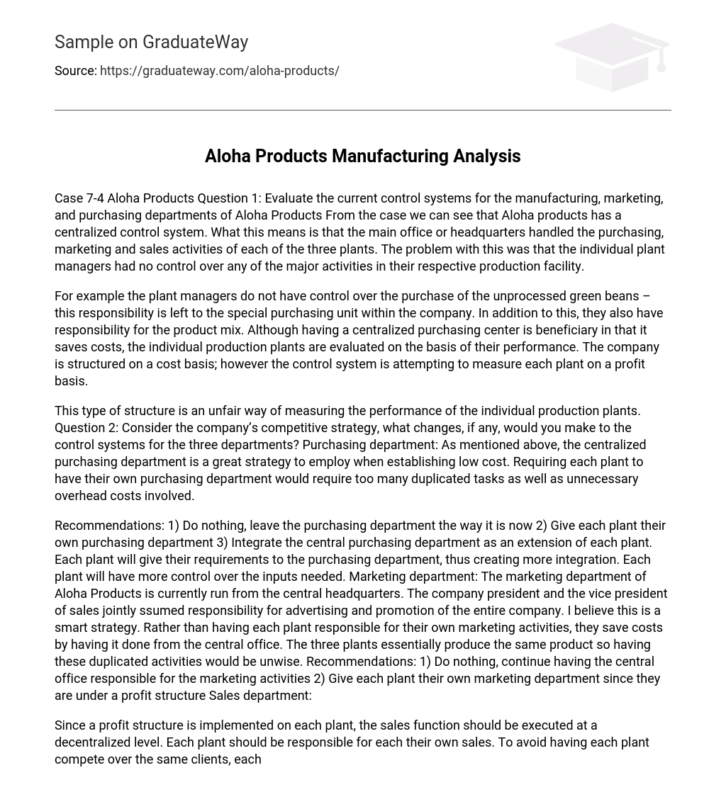 Aloha Products Manufacturing Analysis