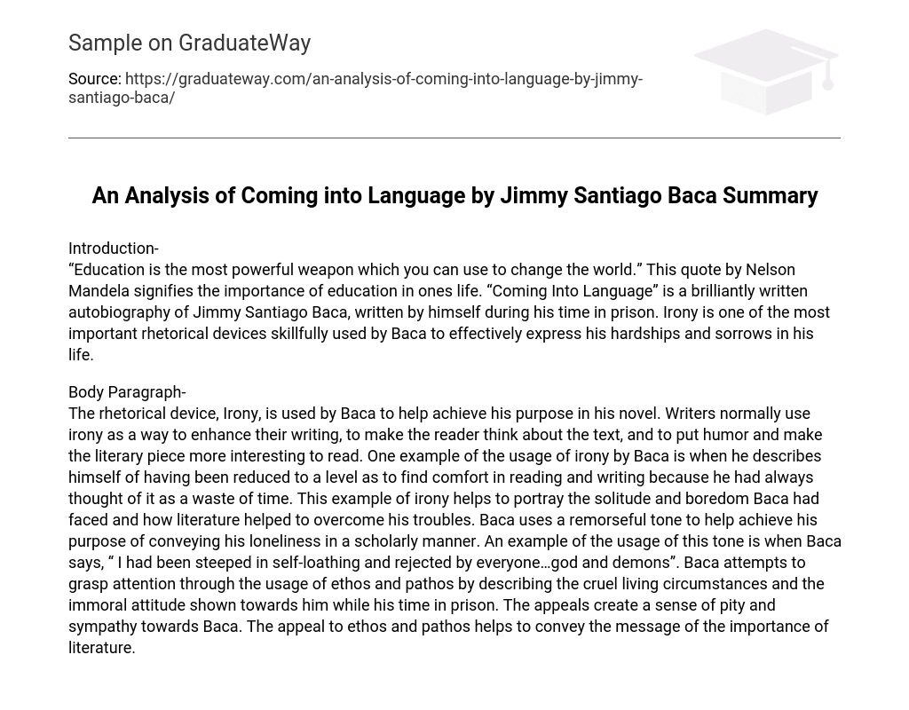 An Analysis of Coming into Language by Jimmy Santiago Baca Summary