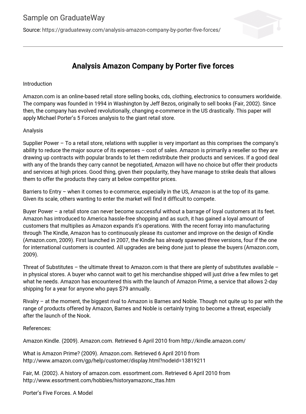 Analysis Amazon Company by Porter five forces Essay Example | GraduateWay