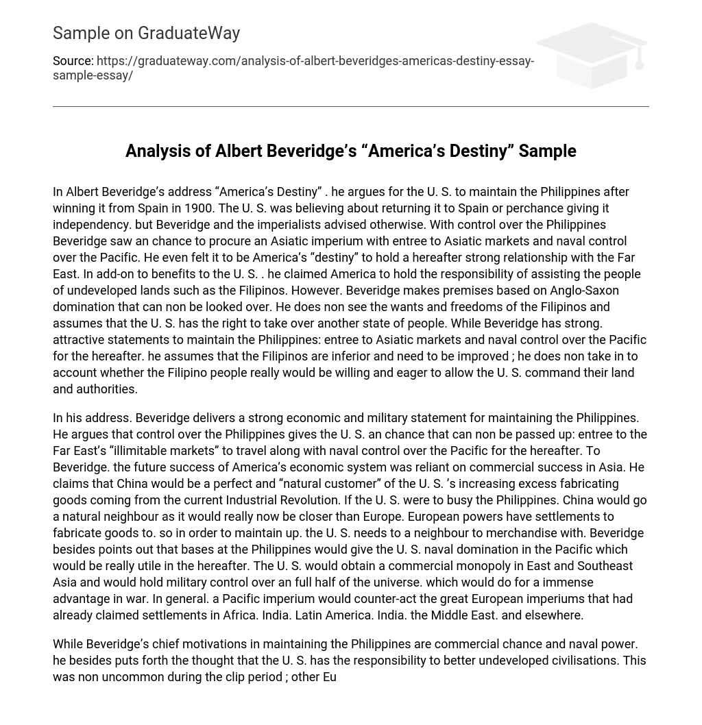 Analysis of Albert Beveridge’s “America’s Destiny” Sample