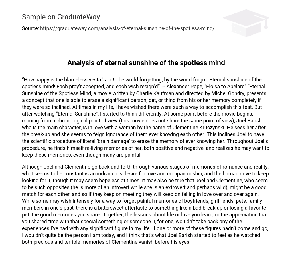 eternal sunshine of the spotless mind analysis essay