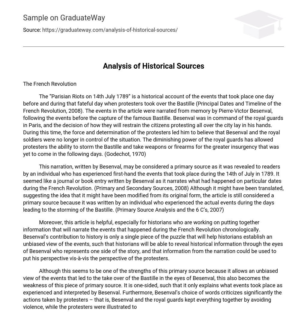  Analysis Of Historical Sources Essay Example GraduateWay