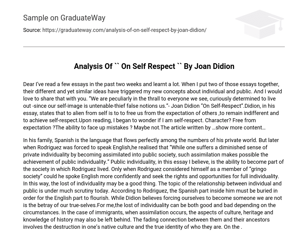 Analysis Of `` On Self Respect `` By Joan Didion