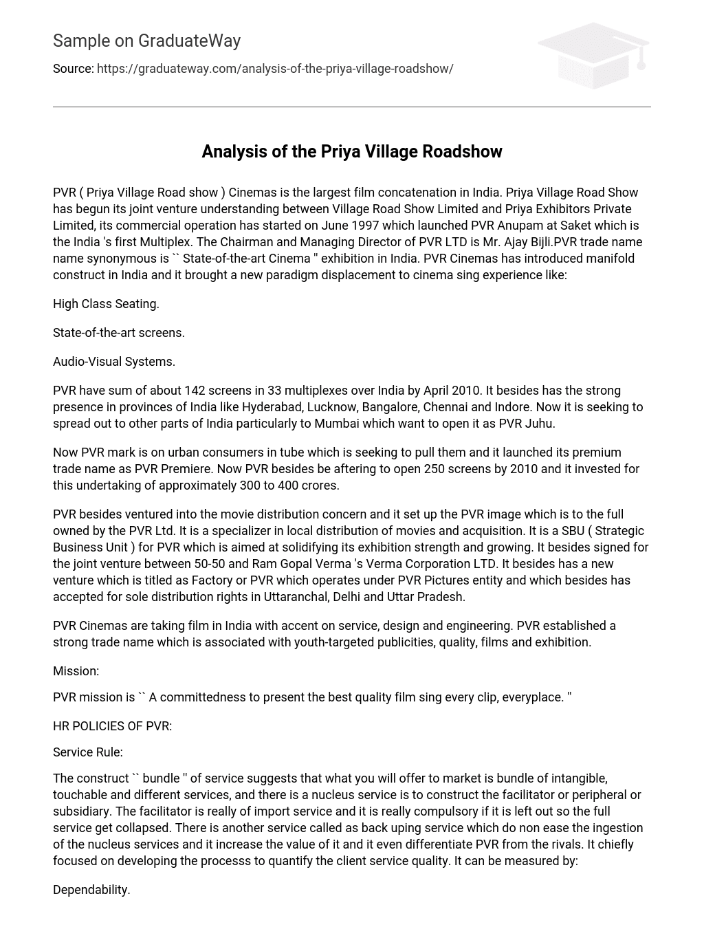 Analysis of the Priya Village Roadshow