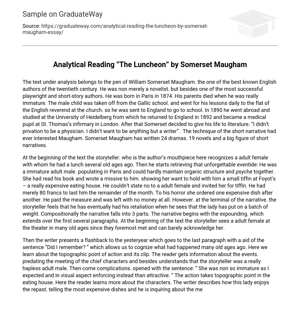 Analytical Reading “The Luncheon” by Somerset Maugham Analysis