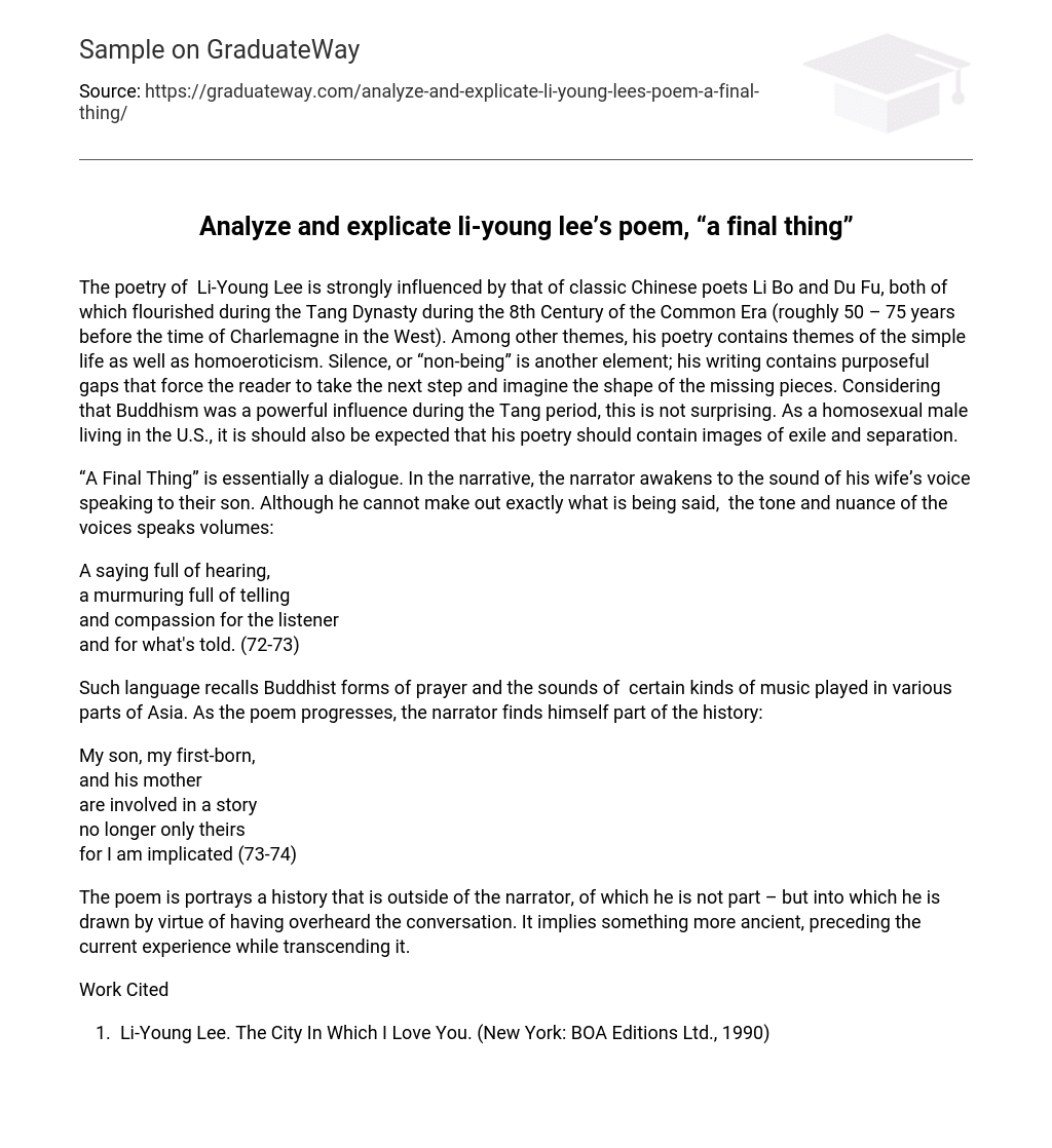 Analyze and explicate li-young lee’s poem, “a final thing”
