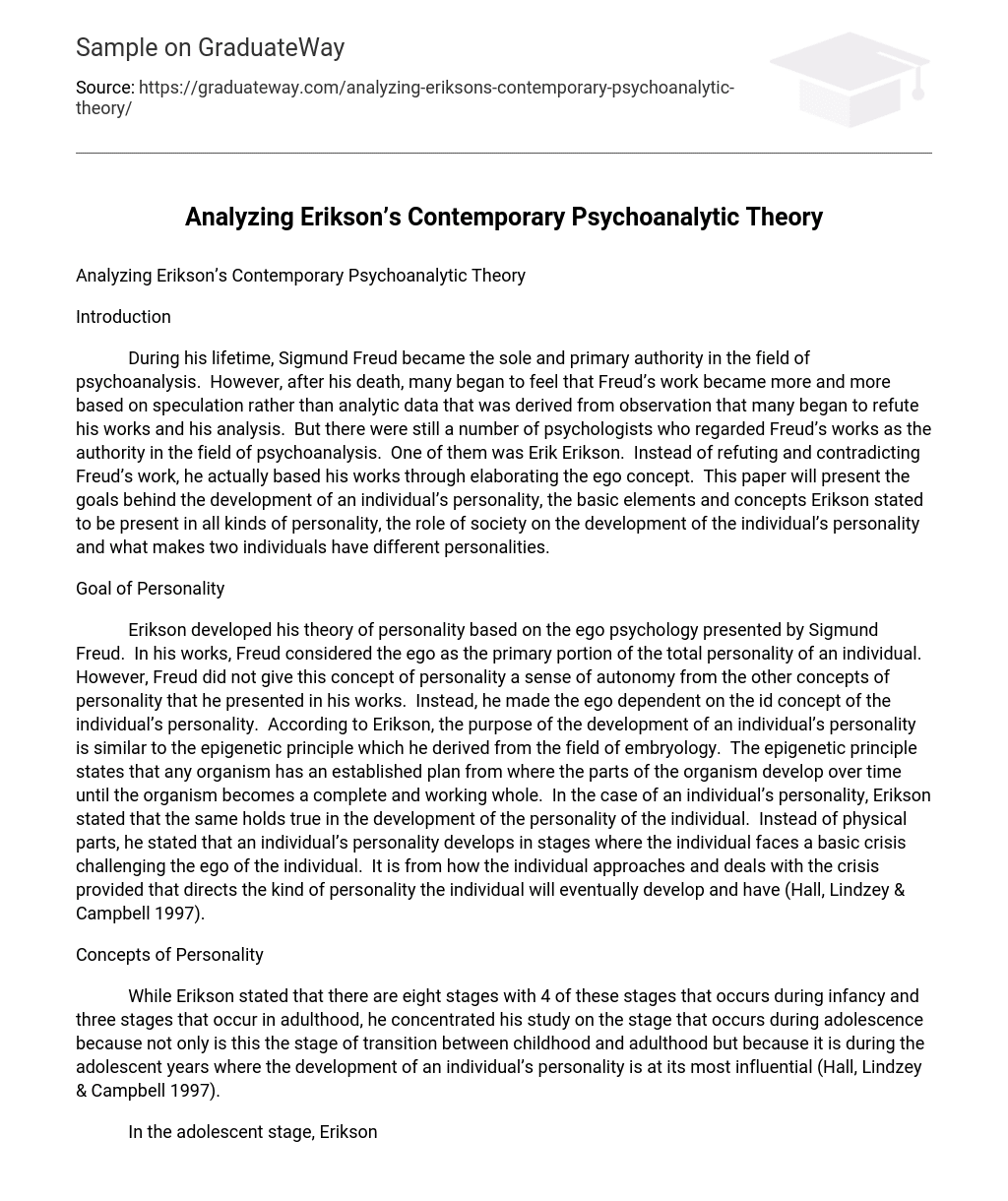 Analyzing Erikson’s Contemporary Psychoanalytic Theory Analysis
