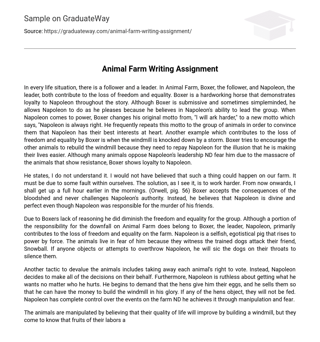 Animal Farm Writing Assignment Essay Example | GraduateWay