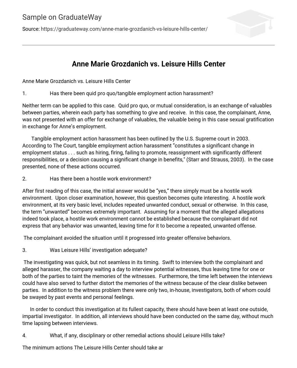 Anne Marie Grozdanich vs. Leisure Hills Center