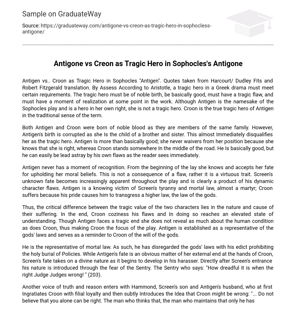 Antigone vs Creon as Tragic Hero in Sophocles’s Antigone Research Paper