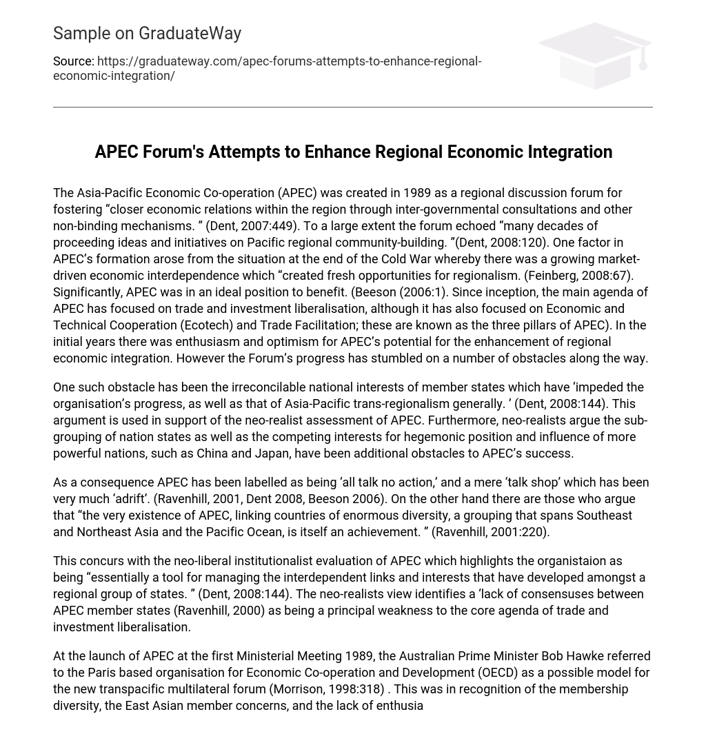 APEC Forum’s Attempts to Enhance Regional Economic Integration