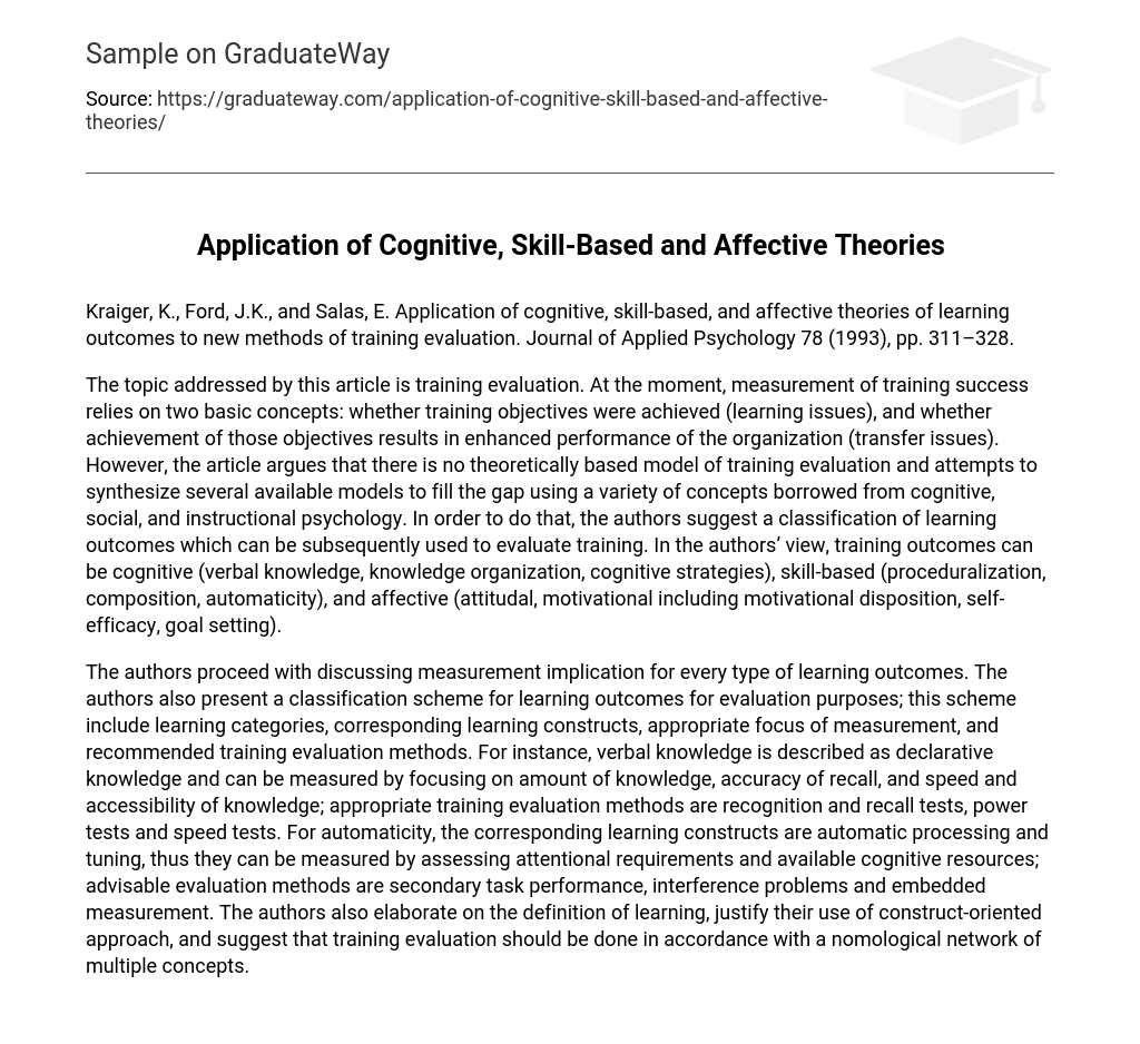 Application of Cognitive, Skill-Based and Affective Theories
