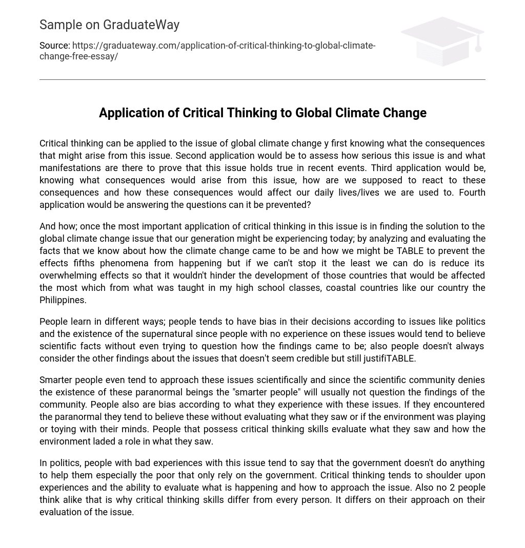 Application of Critical Thinking to Global Climate Change