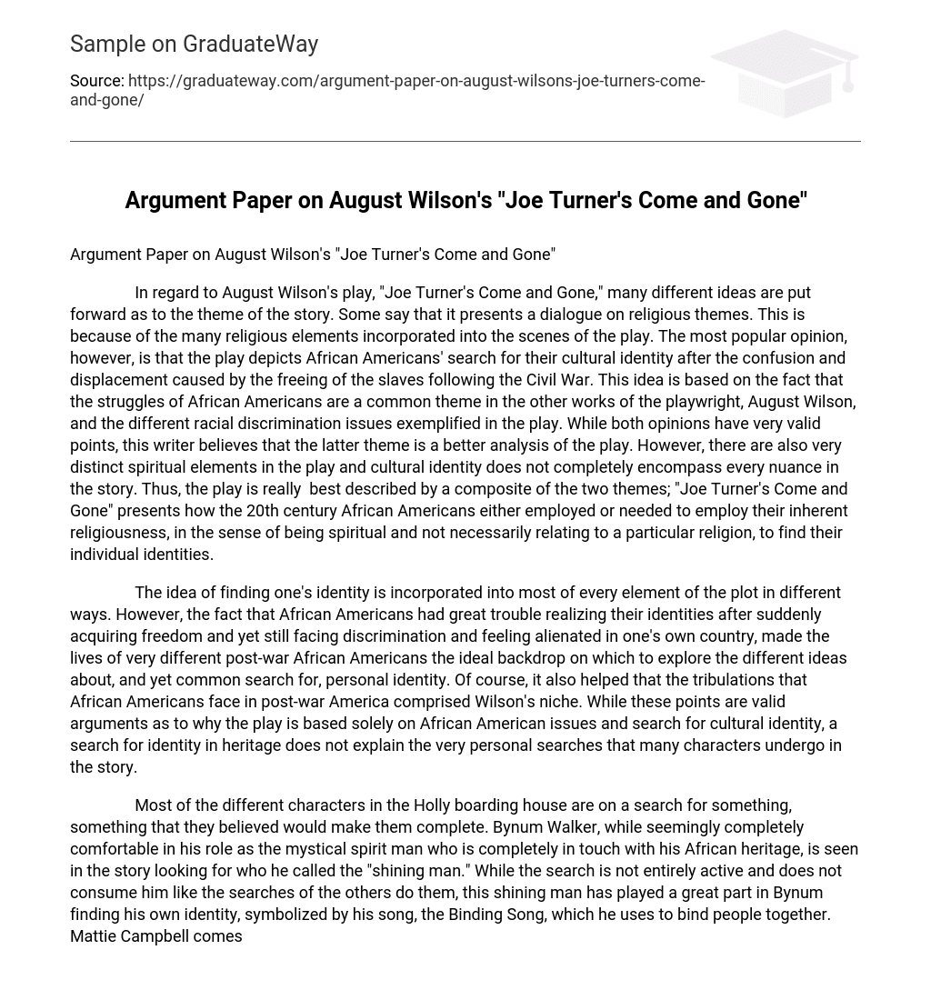 Argument Paper on August Wilson’s “Joe Turner’s Come and Gone” Analysis
