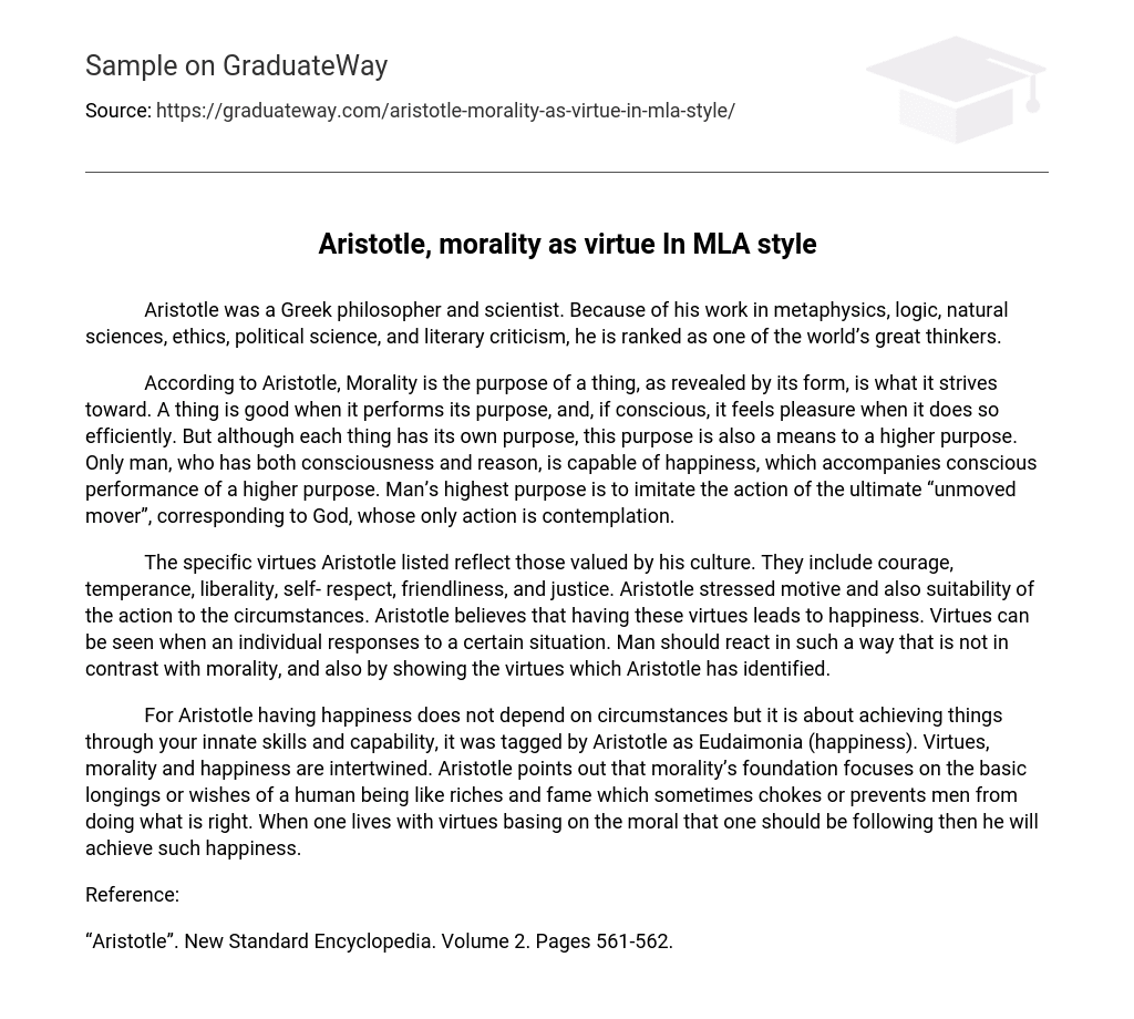Aristotle, morality as virtue In MLA style