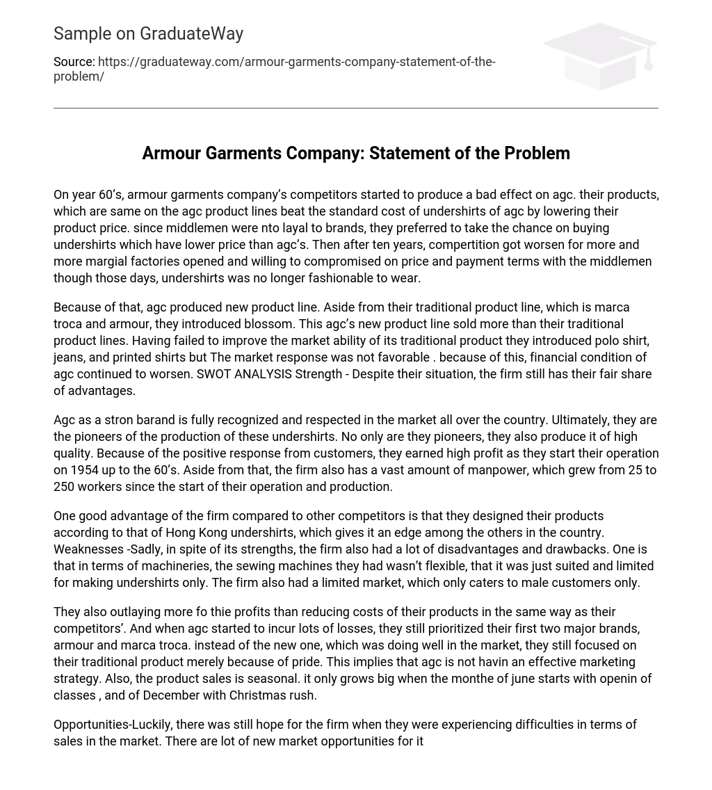 Armour Garments Company: Statement of the Problem