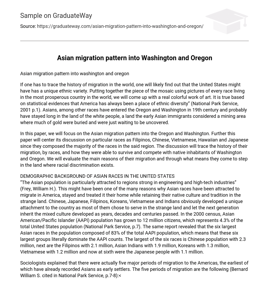 Asian migration pattern into Washington and Oregon