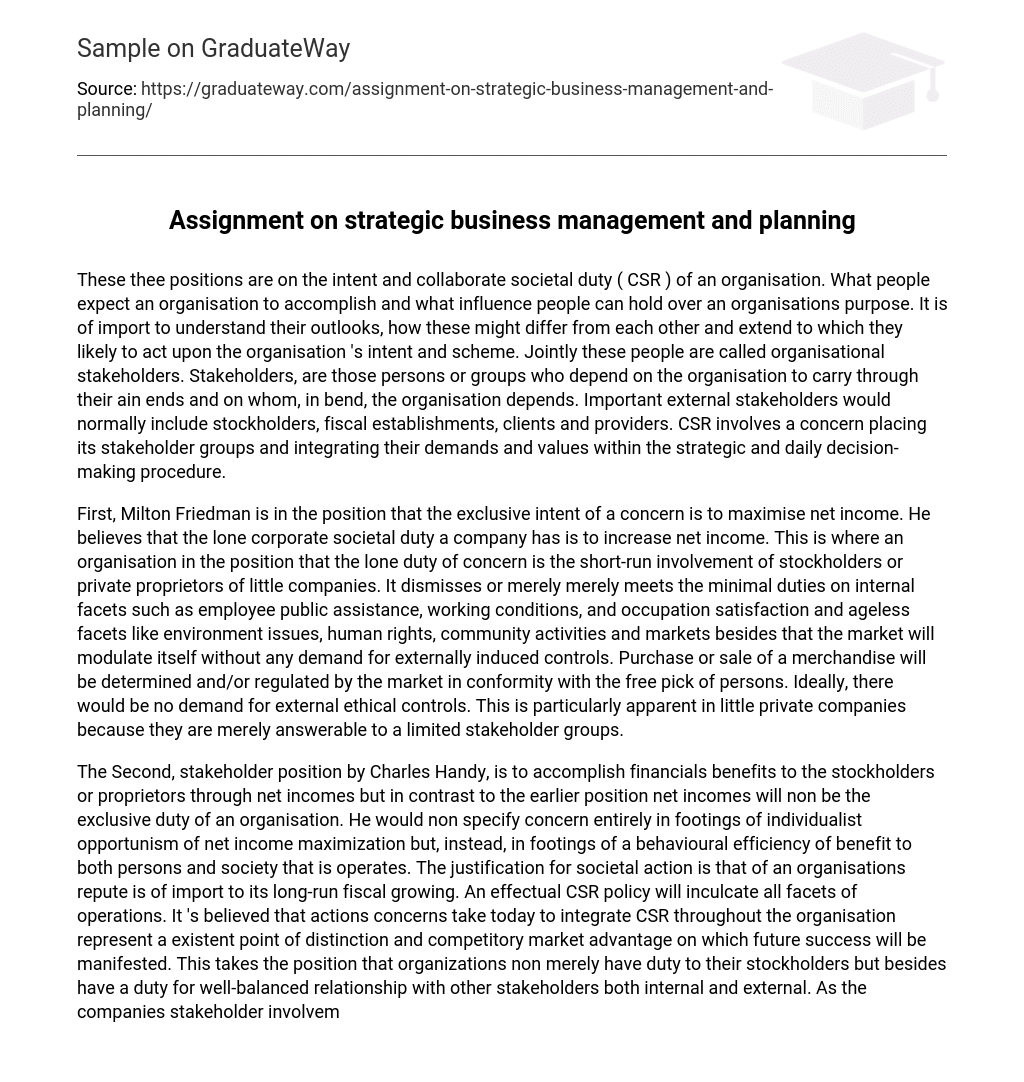 Assignment on strategic business management and planning