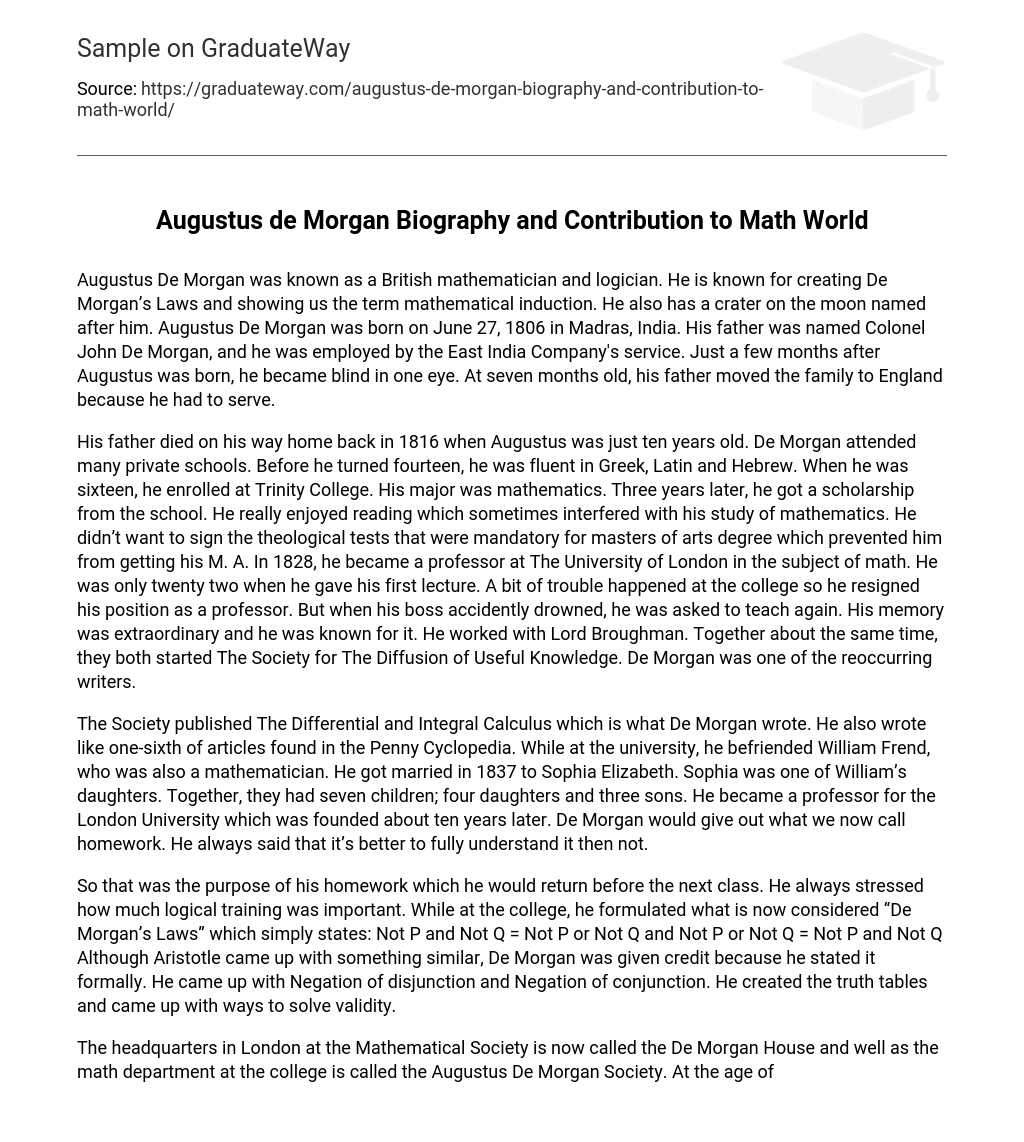 Augustus de Morgan Biography and Contribution to Math World