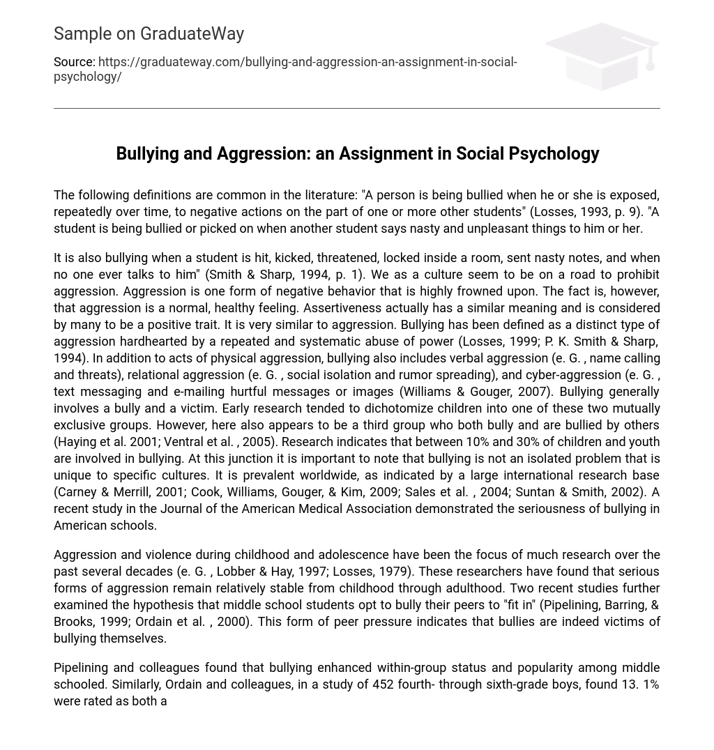 Bullying and Aggression: an Assignment in Social Psychology