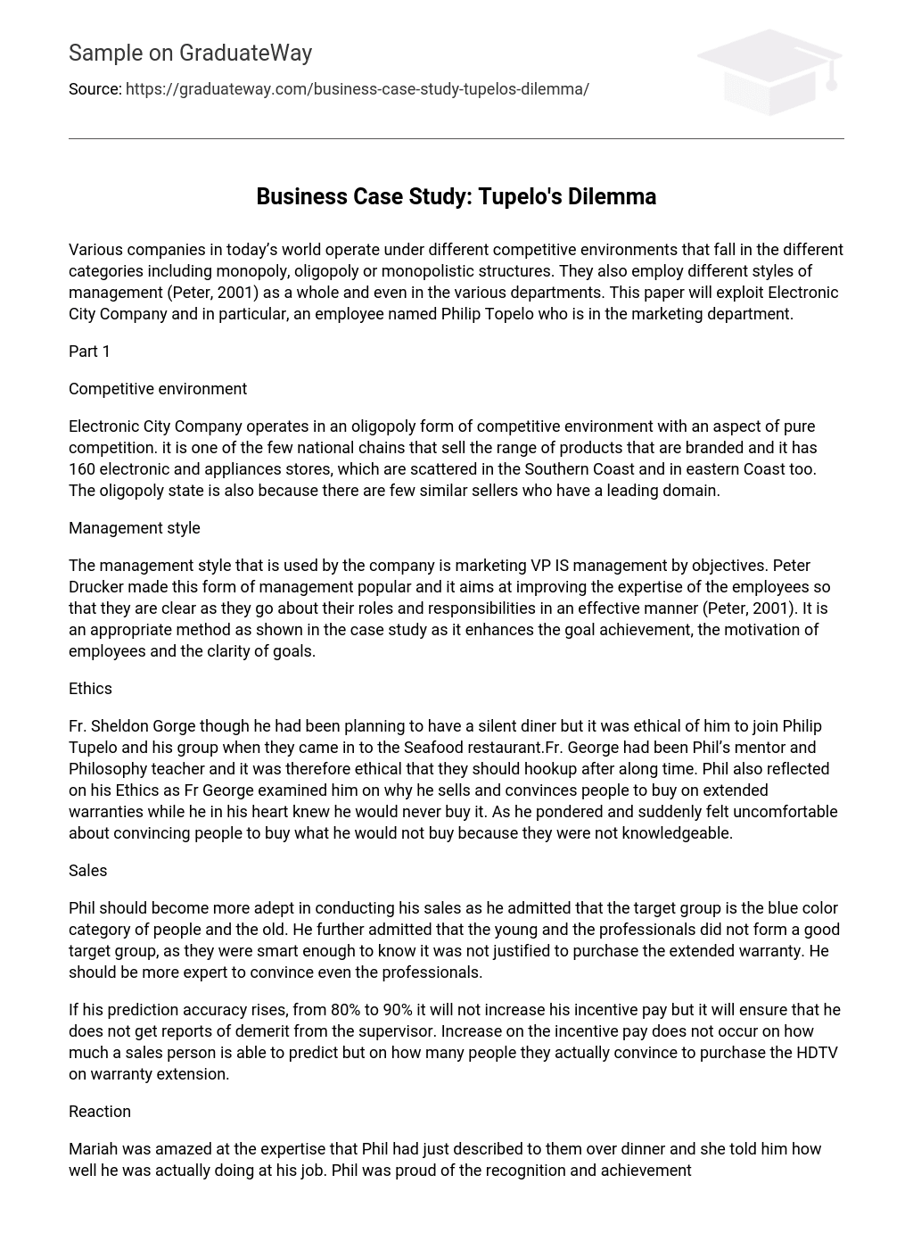 Business Case Study: Tupelo’s Dilemma