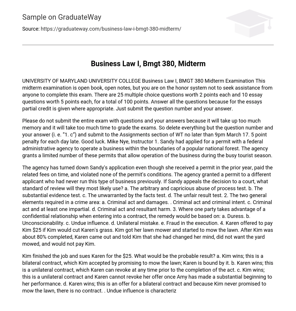 Business Law I, Bmgt 380, Midterm