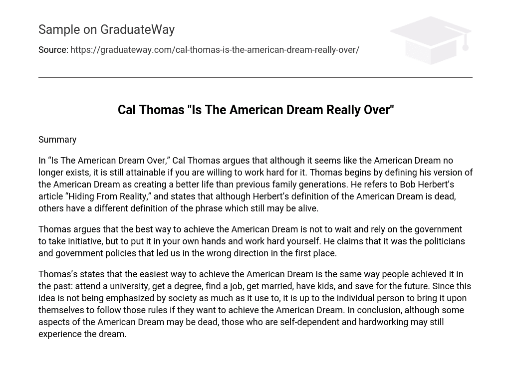 Cal Thomas “Is The American Dream Really Over” Short Summary