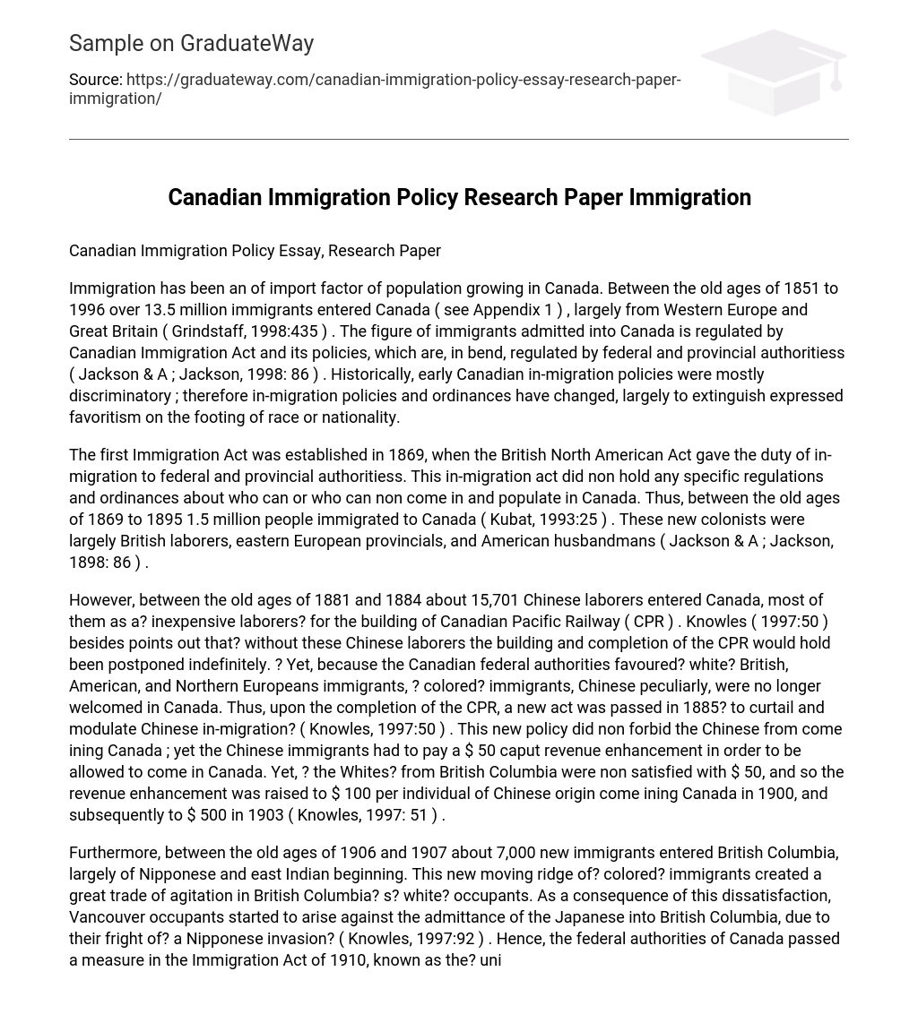 Canadian Immigration Policy Research Paper Immigration