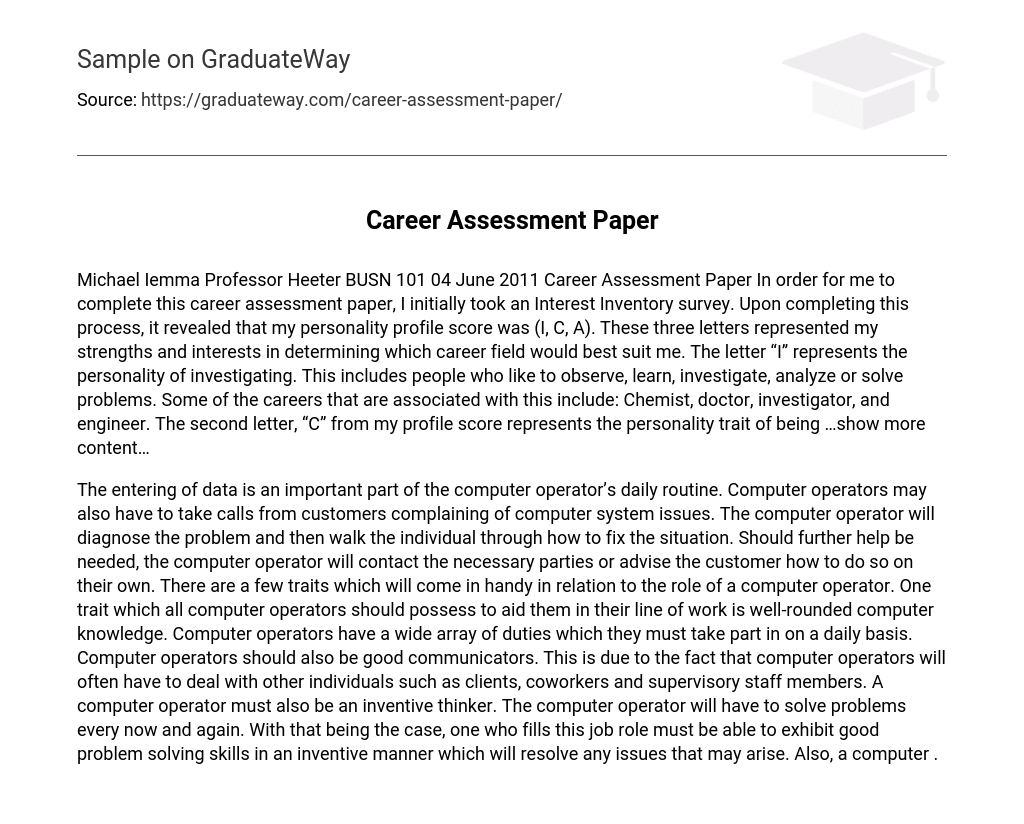 Career Assessment Paper: Computer Operator