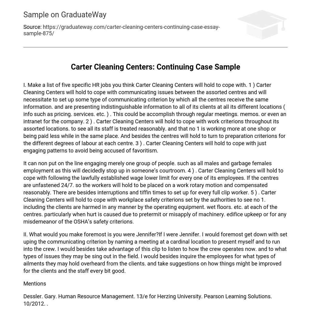 Carter Cleaning Centers: Continuing Case Sample