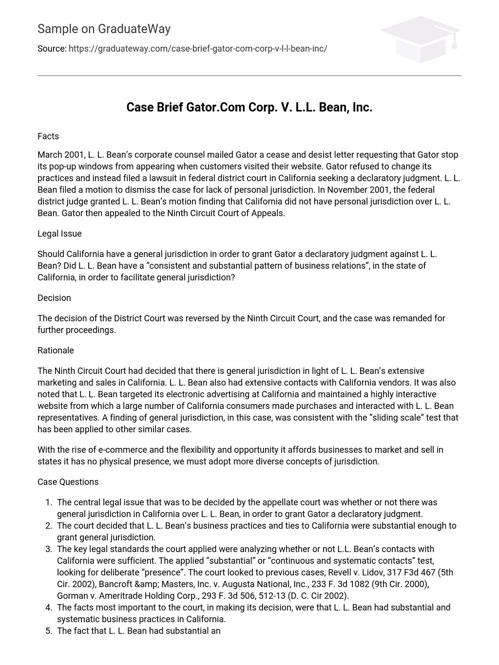Case Brief Gator.Com Corp. V. L.L. Bean, Inc.
