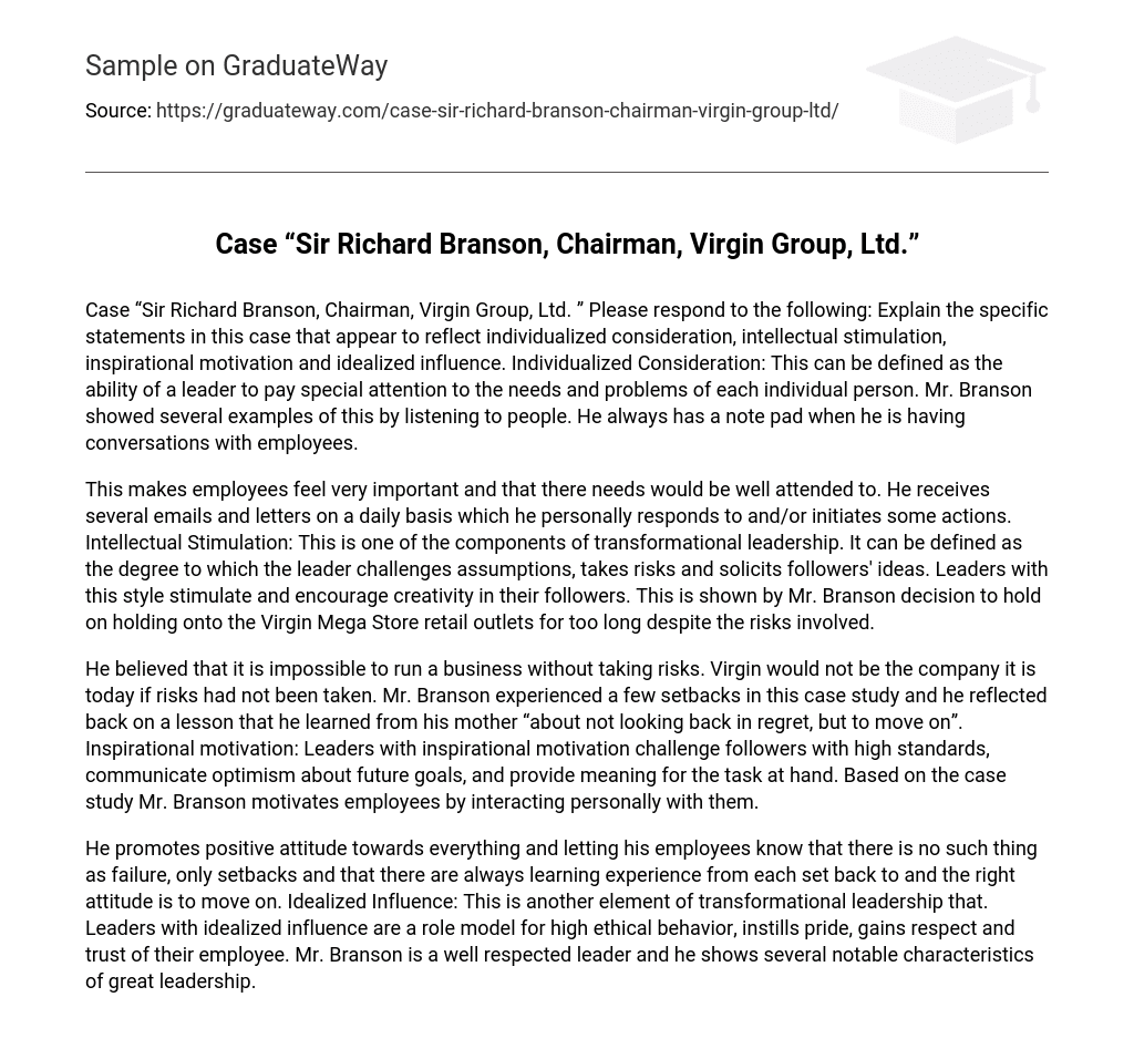 Case “Sir Richard Branson, Chairman, Virgin Group, Ltd.” Analysis