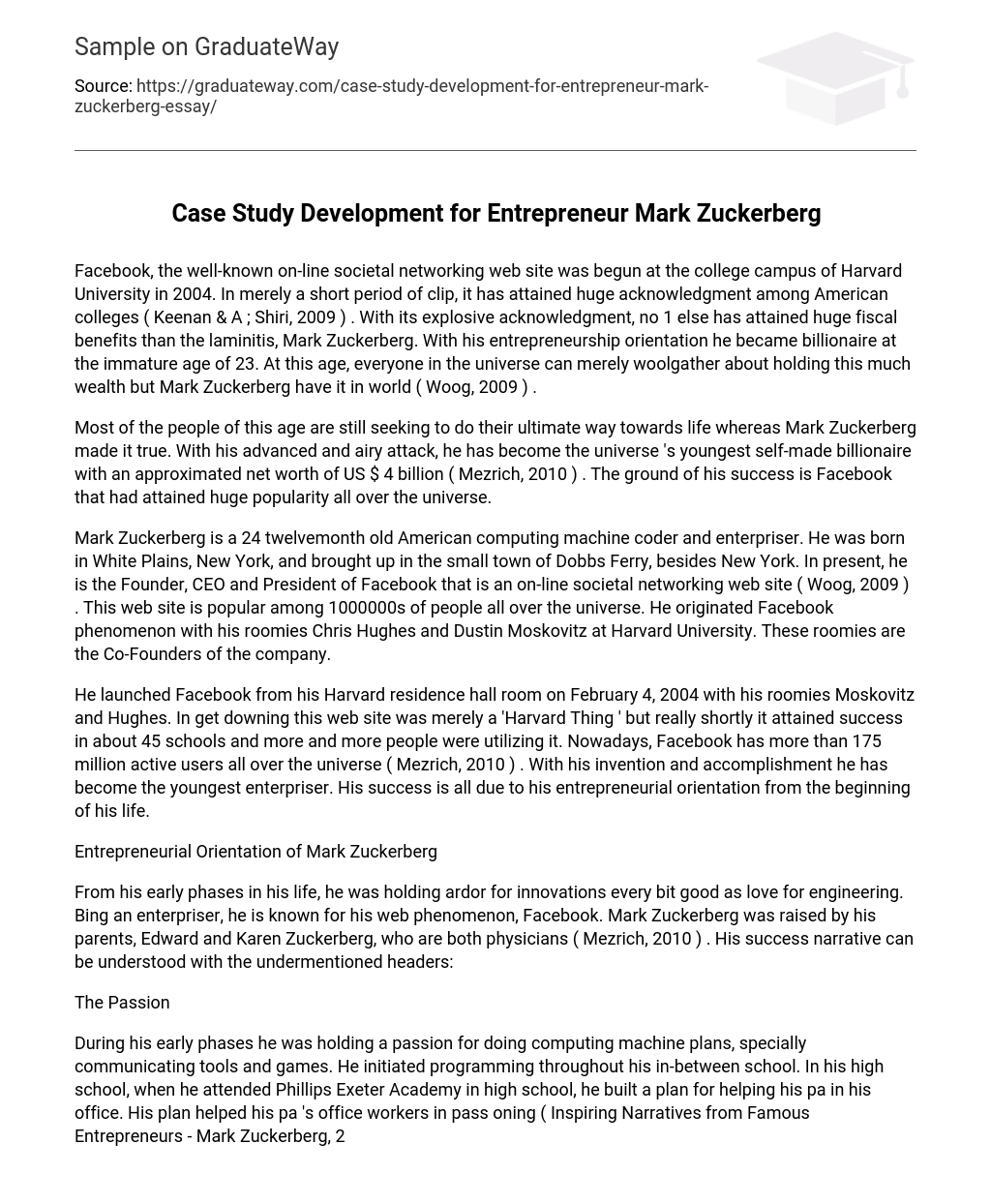 Case Study Development for Entrepreneur Mark Zuckerberg