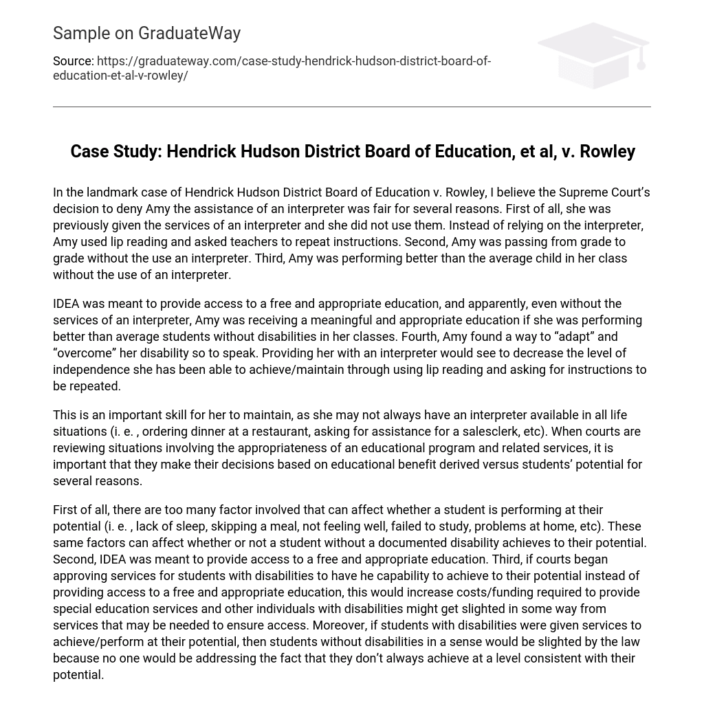 Case Study: Hendrick Hudson District Board of Education, et al, v. Rowley