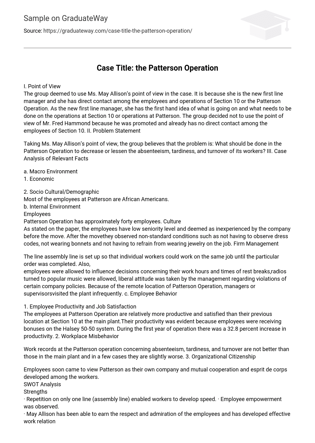 Case Title: the Patterson Operation Analysis